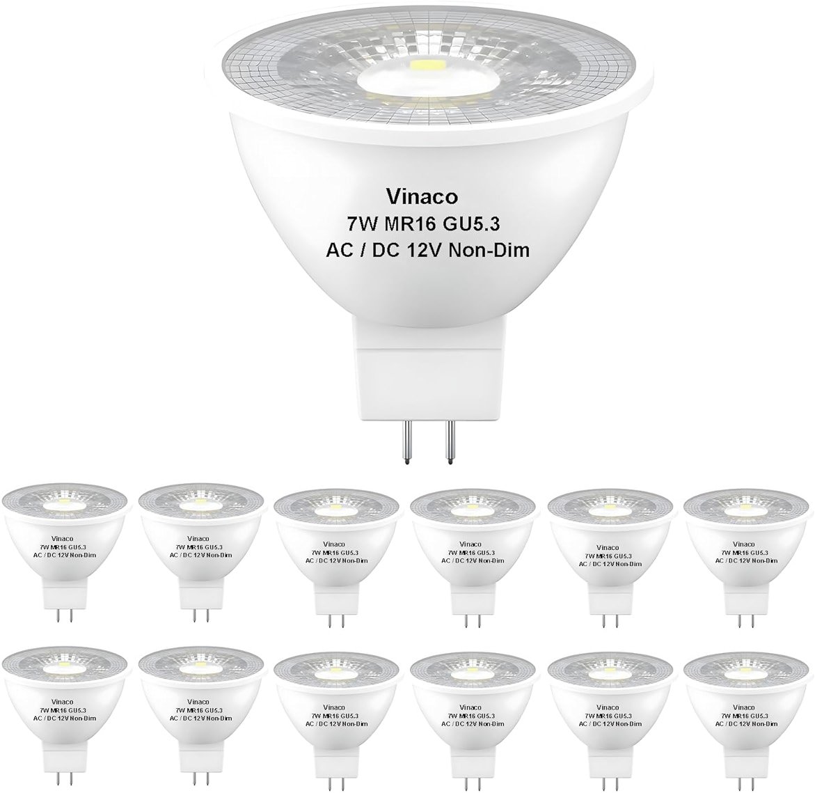 Vinaco MR16 LED Bulb 2700K 7W Warm White 450LM High Brightness MR16 Bulb GU5.3 Bi-pin Base(50W Halogen Equivalent) Non-dimmable, 38°GU5.3 Light Bulb LED for Landscape Lighting Track Lighting - Product Image
