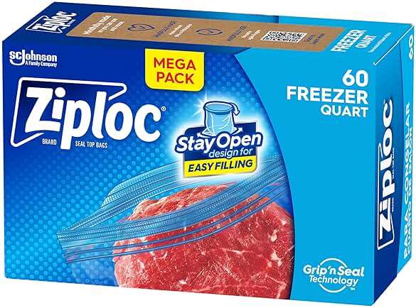 Ziploc Quart Food Storage Freezer Bags, Stand-Up Bottom, Easy to Fill, 60 Count - Image 1