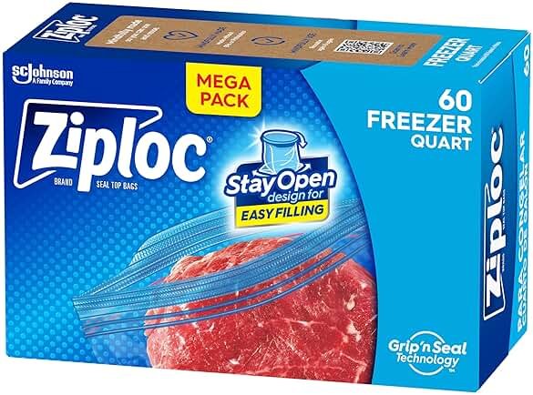 Ziploc Quart Food Storage Freezer Bags, Stand-Up Bottom, Easy to Fill, 60 Count - Product Image