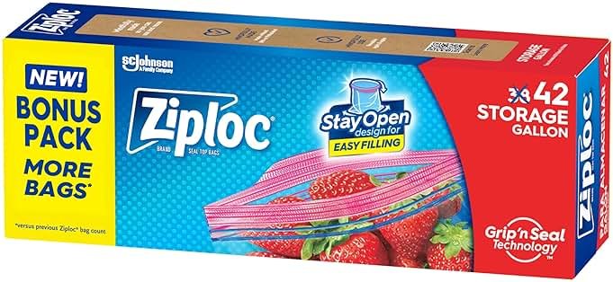 Ziploc Gallon Food Storage Bags, Stay Open Design with Stand-Up Bottom, Easy to Fill, 42 Count - Product Image