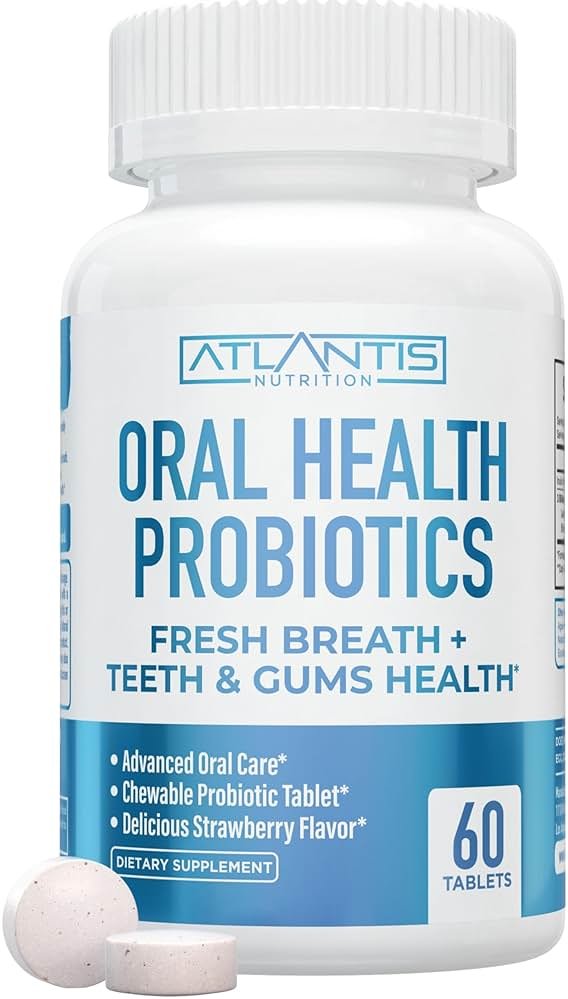 Atlantis Nutrition Oral Probiotics Chewable Tablet - Dental Probiotic for Gum Care & Teeth Care - Bad Breath Treatment for Adults - 3 Billion CFU Probiotic Blend/Tablet - Strawberry Flavor- 60 Tablets - Product Image
