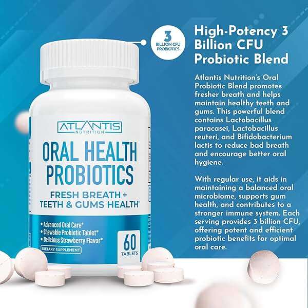 Atlantis Nutrition Oral Probiotics Chewable Tablet - Dental Probiotic for Gum Care & Teeth Care - Bad Breath Treatment for Adults - 3 Billion CFU Probiotic Blend/Tablet - Strawberry Flavor- 60 Tablets - Image 3
