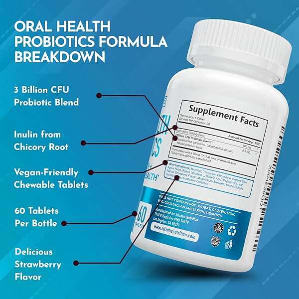 Atlantis Nutrition Oral Probiotics Chewable Tablet - Dental Probiotic for Gum Care & Teeth Care - Bad Breath Treatment for Adults - 3 Billion CFU Probiotic Blend/Tablet - Strawberry Flavor- 60 Tablets - Image 6