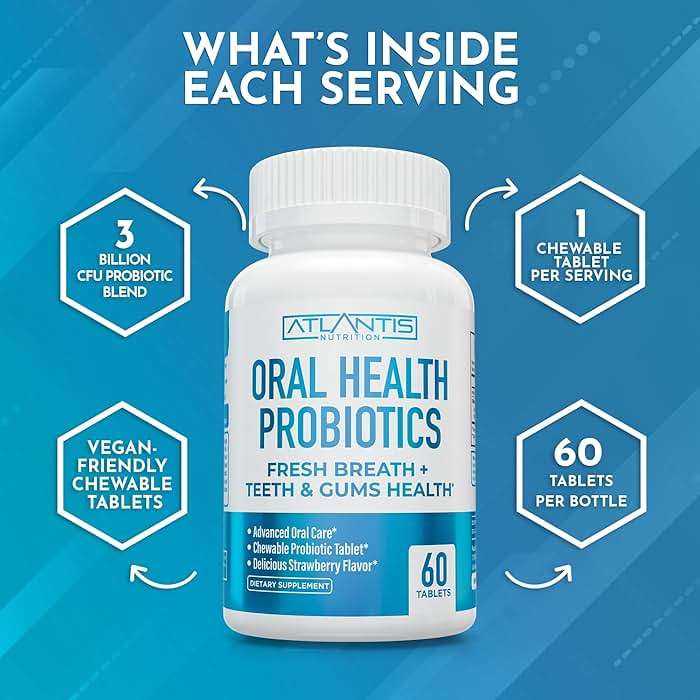 Atlantis Nutrition Oral Probiotics Chewable Tablet - Dental Probiotic for Gum Care & Teeth Care - Bad Breath Treatment for Adults - 3 Billion CFU Probiotic Blend/Tablet - Strawberry Flavor- 60 Tablets - Image 8