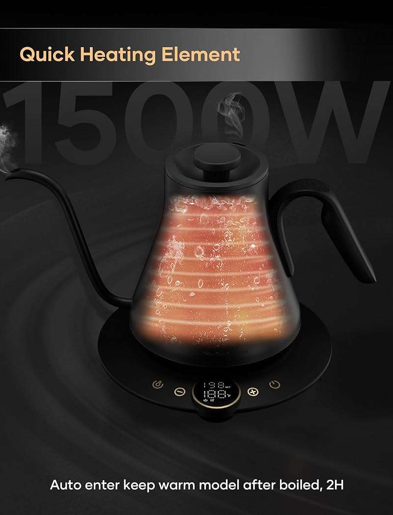 INTASTING Electric Kettle, Gooseneck Electric Kettle, ±1℉ Temperature Control, BPA-Free Stainless Steel Inner, Quick Heating, for Pour Over Coffee, Brew Tea, Boil Hot Water, 1500W/0.9L Dark Grey - Image 6