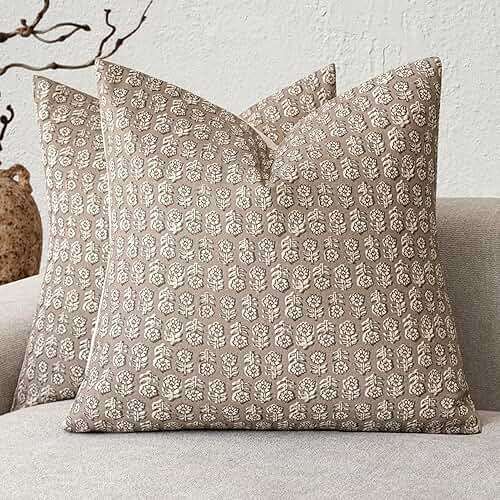 Foindtower Set of 2 Decorative Vintage Floral Print Throw Pillow Covers Neutral Modern Farmhouse Cushion Covers Boho Home Decor for Sofa Chair Couch Bedroom Living Room,18×18 Inch,Tan Taupe - Image 1
