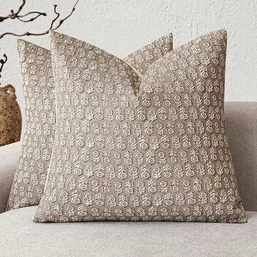 Foindtower Set of 2 Decorative Vintage Floral Print Throw Pillow Covers Neutral Modern Farmhouse Cushion Covers Boho Home Decor for Sofa Chair Couch Bedroom Living Room,18×18 Inch,Tan Taupe - Product Image