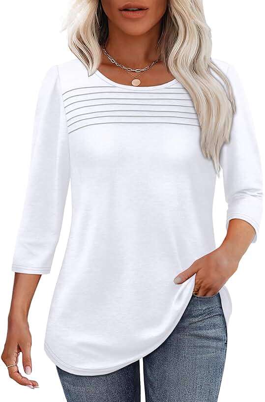 OFEEFAN Womens Tops 3/4 Length Sleeve Blouses Dressy Casual Spring Summer Fall Outfits Pleated Front T Shirts Curved Hem - Image 1