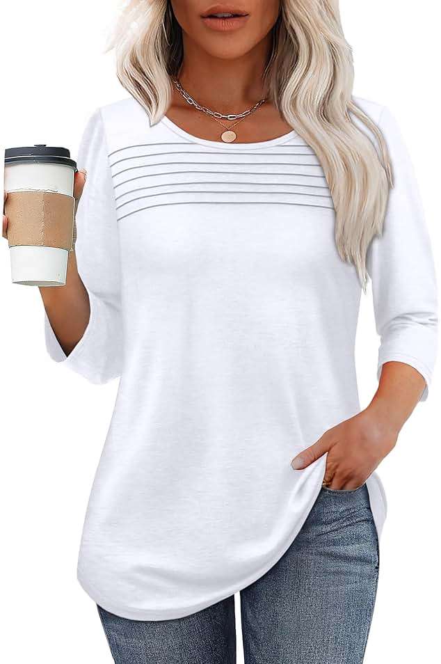 OFEEFAN Womens Tops 3/4 Length Sleeve Blouses Dressy Casual Spring Summer Fall Outfits Pleated Front T Shirts Curved Hem - Image 2