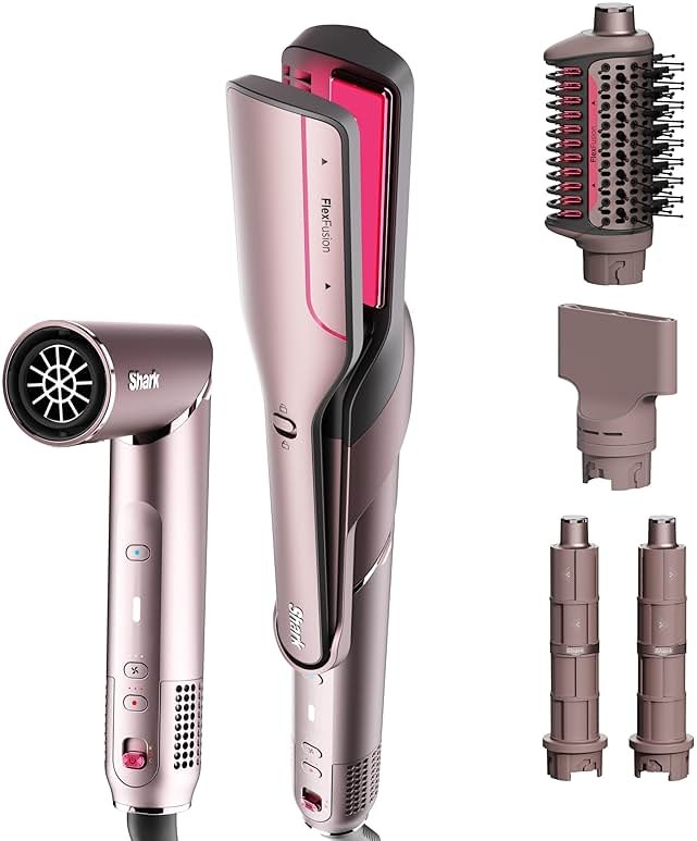 Shark FlexFusion Hair Straightener & Powerful Hair Dryer with Fusion Hair Brush, Ceramic Air Styler with Auto-Wrap Curlers & Concentrator, Ceramic Plates, Cosmic Blush HD641S - Product Image