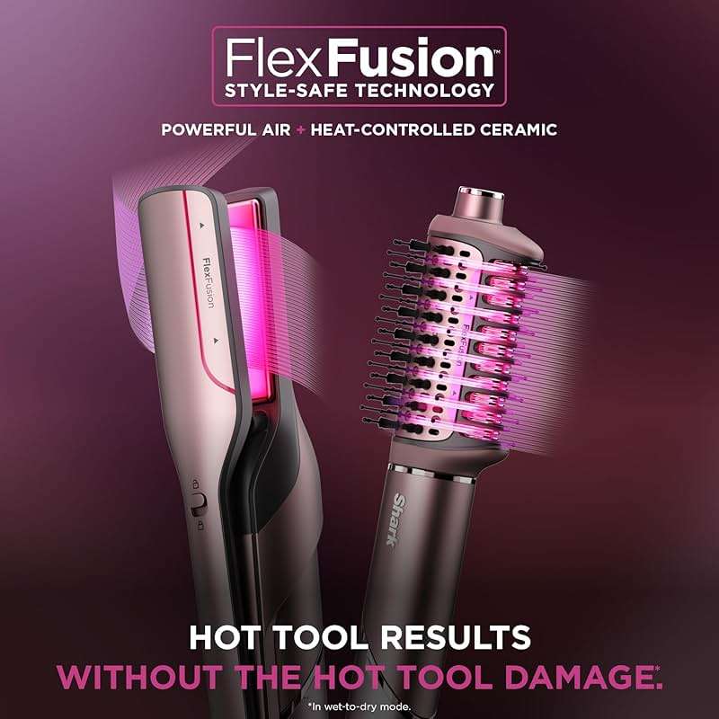 Shark FlexFusion Hair Straightener & Powerful Hair Dryer with Fusion Hair Brush, Ceramic Air Styler with Auto-Wrap Curlers & Concentrator, Ceramic Plates, Cosmic Blush HD641S - Image 2