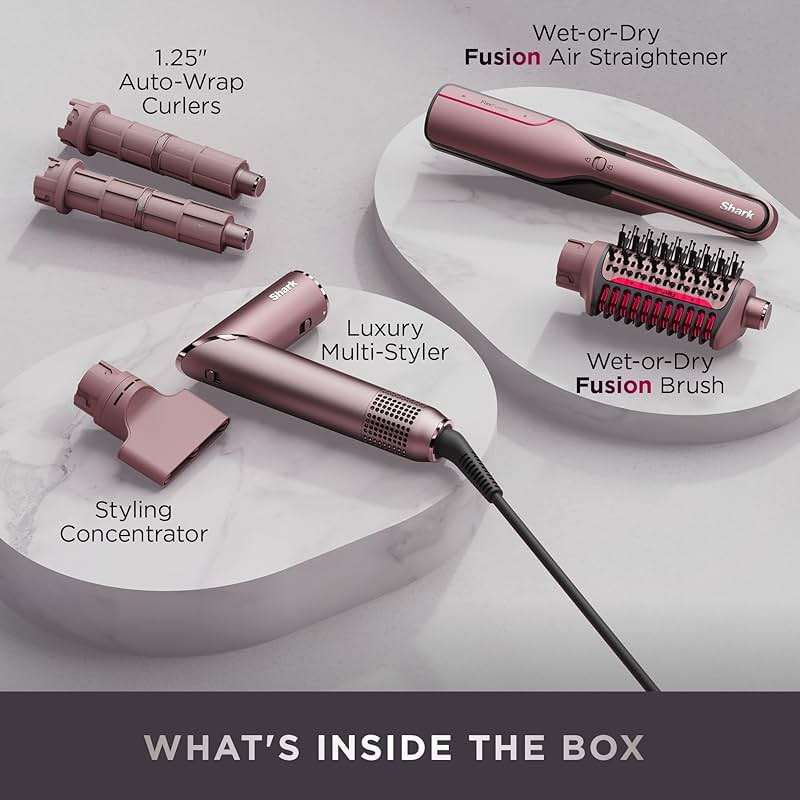 Shark FlexFusion Hair Straightener & Powerful Hair Dryer with Fusion Hair Brush, Ceramic Air Styler with Auto-Wrap Curlers & Concentrator, Ceramic Plates, Cosmic Blush HD641S - Image 3