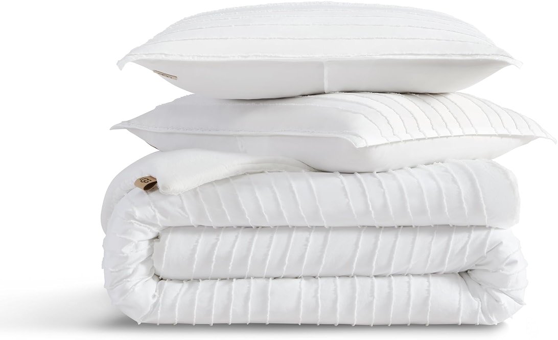 UGG Textured Queen Comforter Set - 3 Piece Striped Reversible Queen Bedding Set with Pillow Shams, Stylish Soft & Luxurious White Bed Set for Home & Bedroom (Full/Queen) - Product Image