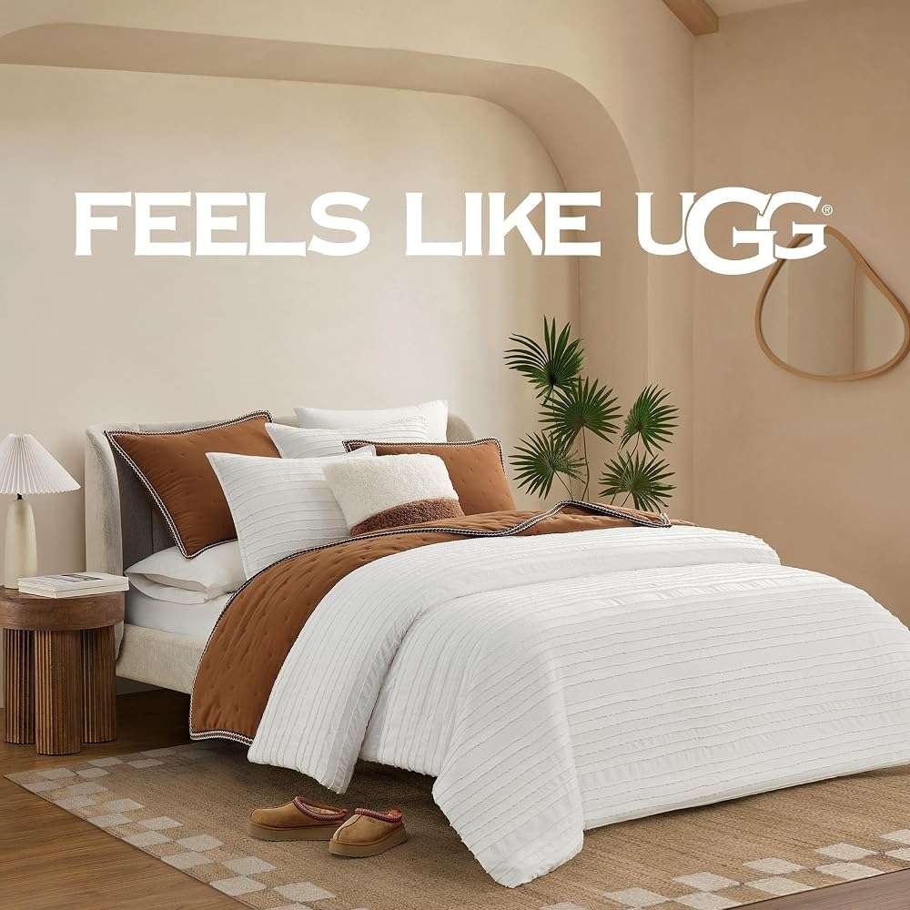 UGG Textured Queen Comforter Set - 3 Piece Striped Reversible Queen Bedding Set with Pillow Shams, Stylish Soft & Luxurious White Bed Set for Home & Bedroom (Full/Queen) - Image 4
