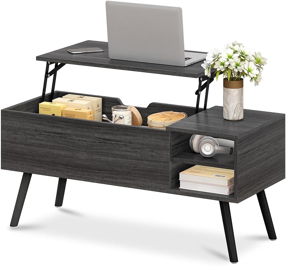 ALINE FURNITURE Gray Coffee Table Lift Top - Dark Grey Coffee Table with Solid Wood Legs, Hidden Storage Compartment & Open Shelves - 40" Rectangle Coffee Tables for Living Room - Product Image