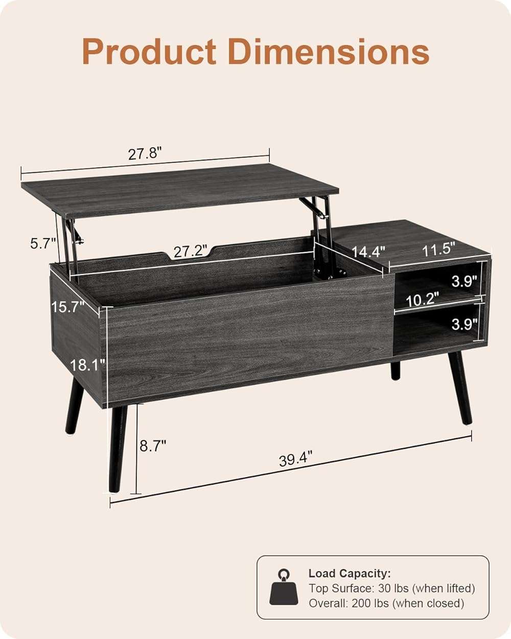 ALINE FURNITURE Gray Coffee Table Lift Top - Dark Grey Coffee Table with Solid Wood Legs, Hidden Storage Compartment & Open Shelves - 40" Rectangle Coffee Tables for Living Room - Image 2