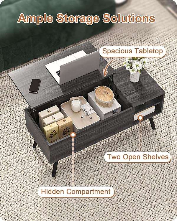 ALINE FURNITURE Gray Coffee Table Lift Top - Dark Grey Coffee Table with Solid Wood Legs, Hidden Storage Compartment & Open Shelves - 40" Rectangle Coffee Tables for Living Room - Image 3