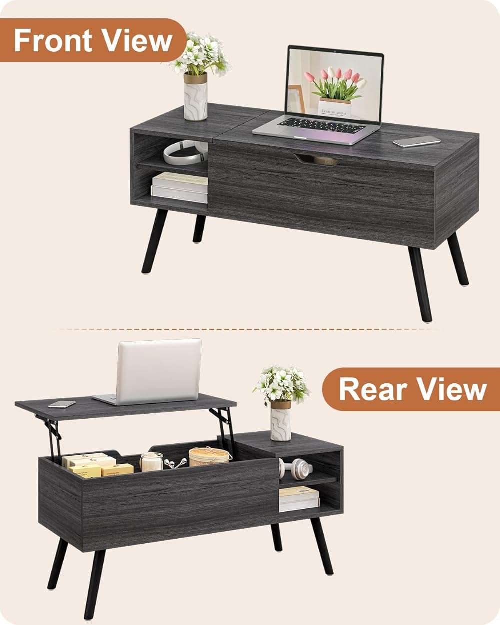 ALINE FURNITURE Gray Coffee Table Lift Top - Dark Grey Coffee Table with Solid Wood Legs, Hidden Storage Compartment & Open Shelves - 40" Rectangle Coffee Tables for Living Room - Image 7
