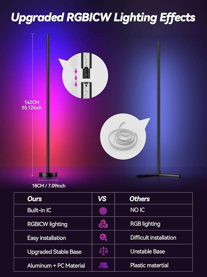Corner Floor Lamp, 2 Pack LED Corner Lamp with App and Remote Control, RGBICW 16 Million DIY Colors & 68+ Scene, Music Sync, Color Changing Smart Ambient Light for Living Rooms, Bedrooms, Gaming Room - Image 4