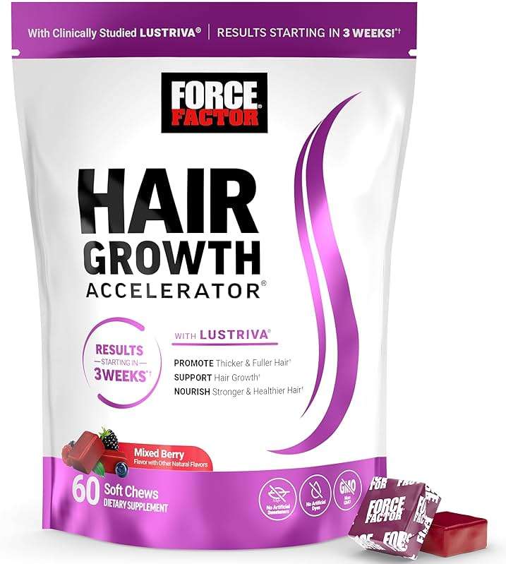 Force Factor Hair Growth Accelerator Soft Chews, Hair Growth Vitamins for Women and Men with Clinically Studied Lustriva and Biotin, Promotes Thicker, Fuller, Stronger Hair, Mixed Berry, 60 Soft Chews - Image 1