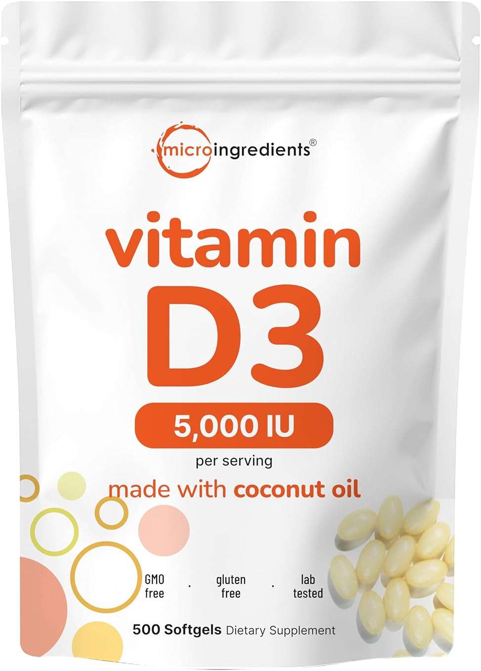 Micro Ingredients Vitamin D3 5,000 IU, 500 Softgels | Virgin Coconut Oil | Cholecalciferol Form | Bone, Immune & Heart Support | Easy to Swallow, Non-GMO - Image 1