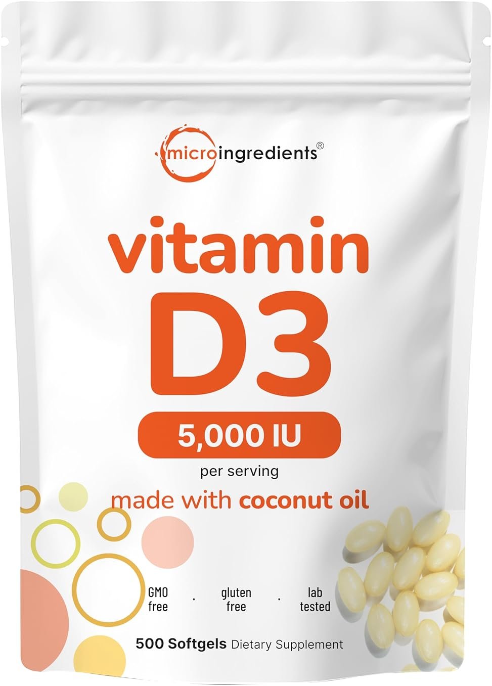 Micro Ingredients Vitamin D3 5,000 IU, 500 Softgels | Virgin Coconut Oil | Cholecalciferol Form | Bone, Immune & Heart Support | Easy to Swallow, Non-GMO - Product Image