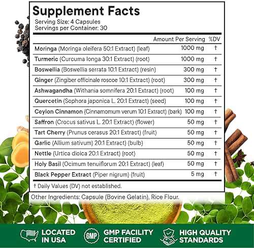 Turmeric Moringa Supplement | Ginger, Boswellia, Saffron, Holy Basil- Joint Support Supplement for Women and Men with Ceylon Cinnamon, Quercetin, Tart Cherry- 240 Count - Image 2