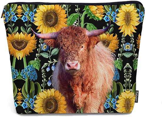 Kalygon Makeup Bag For Purse Highland Cow, Hairy Cow Highland Cattle Sunflowers Yellow Cosmetic Bags For Women Travel Toiletry Pouch Makeup Bags Makeup Organizers Purse For Toiletries Cosmetics - Image 1