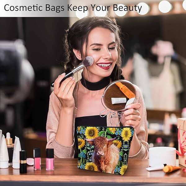 Kalygon Makeup Bag For Purse Highland Cow, Hairy Cow Highland Cattle Sunflowers Yellow Cosmetic Bags For Women Travel Toiletry Pouch Makeup Bags Makeup Organizers Purse For Toiletries Cosmetics - Image 2