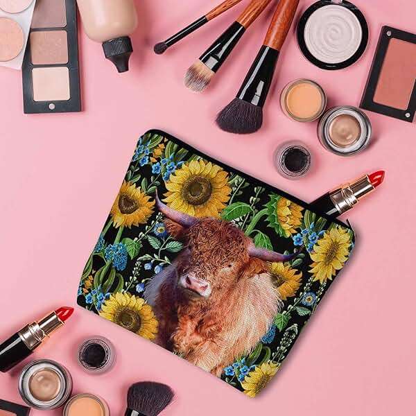 Kalygon Makeup Bag For Purse Highland Cow, Hairy Cow Highland Cattle Sunflowers Yellow Cosmetic Bags For Women Travel Toiletry Pouch Makeup Bags Makeup Organizers Purse For Toiletries Cosmetics - Image 3