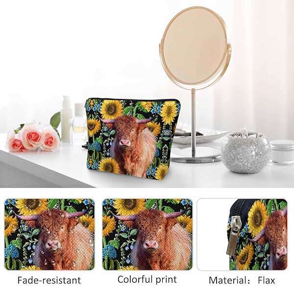 Kalygon Makeup Bag For Purse Highland Cow, Hairy Cow Highland Cattle Sunflowers Yellow Cosmetic Bags For Women Travel Toiletry Pouch Makeup Bags Makeup Organizers Purse For Toiletries Cosmetics - Image 5