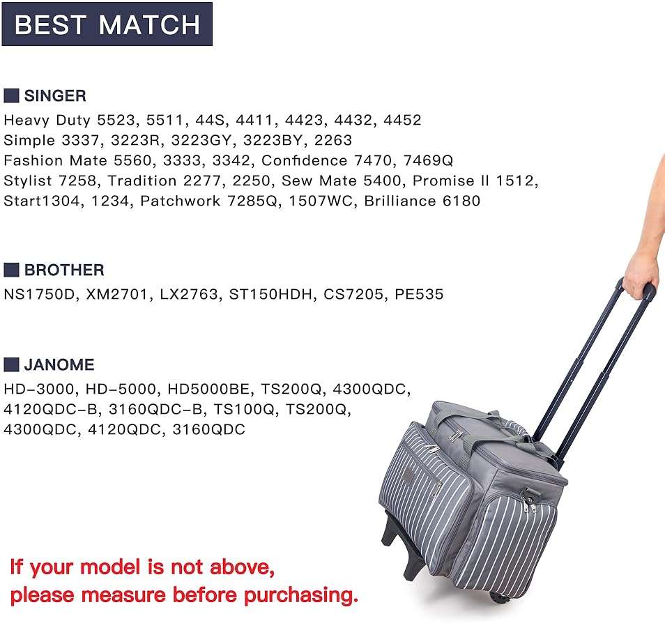 MsJelau Sewing Machine Case with Wheels, Rolling Sewing Machine Carrying Case, Trolley Tote Bag Fits for Most Standard Sewing Machines Like SINGER, Brother and Janome, Grey - Image 6