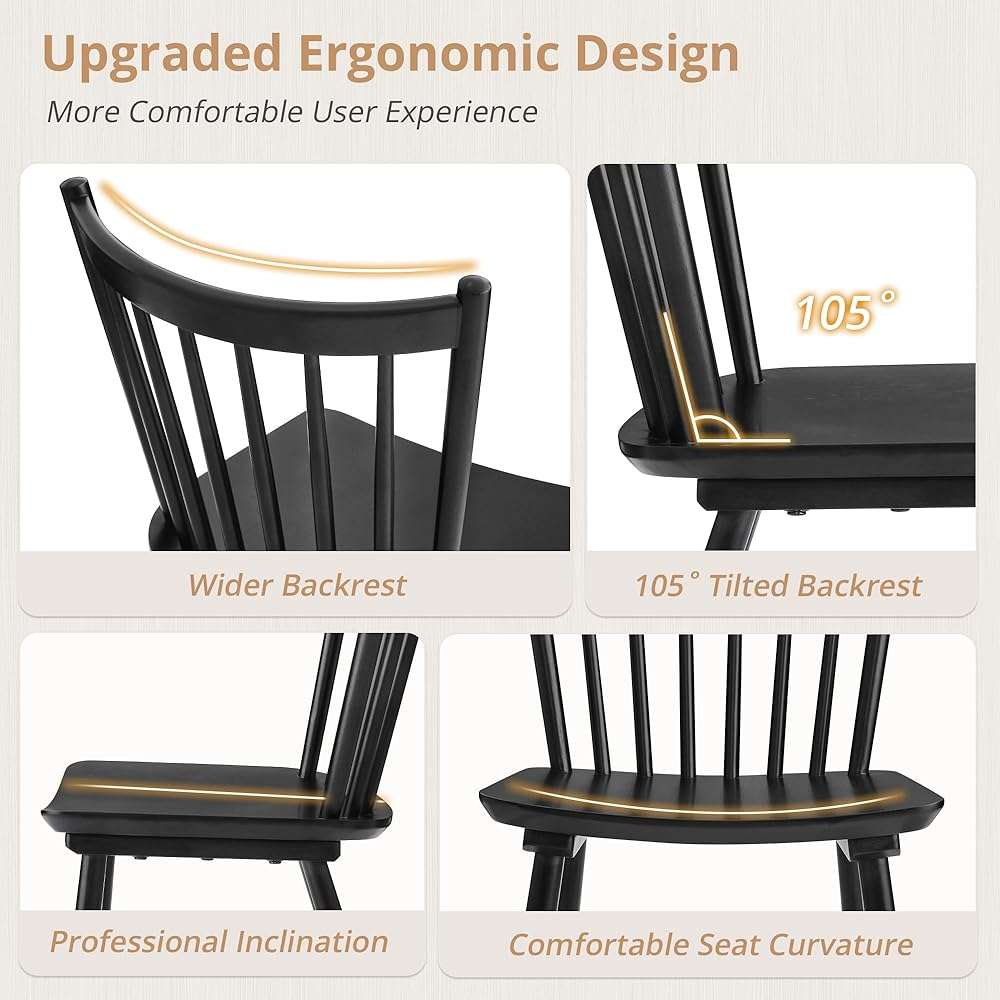 LUE BONA Upgraded Dining Chairs Set of 4, Farmhouse Wooden Spindle Back Kitchen Chairs, Windsor Dining Chairs for Kitchen and Dining Room, Black - Image 3