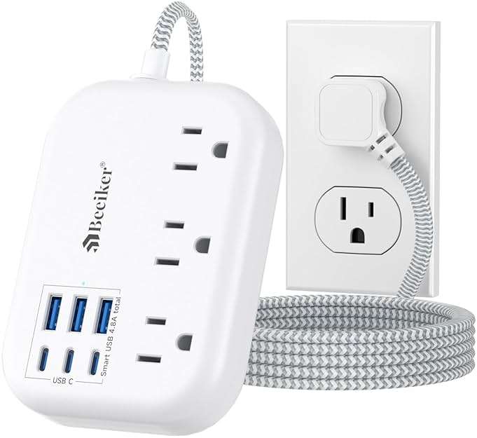 6 USB(3 USB C) Power Strip- Travel Power Strip with 6 USB Desktop Charging Station 24W/4.8A and 3 Outlets, 5Ft Flat Plug Braided Extension Cord, Non Surge Protector for Cruise Ship Travel Office Dorm - Image 1