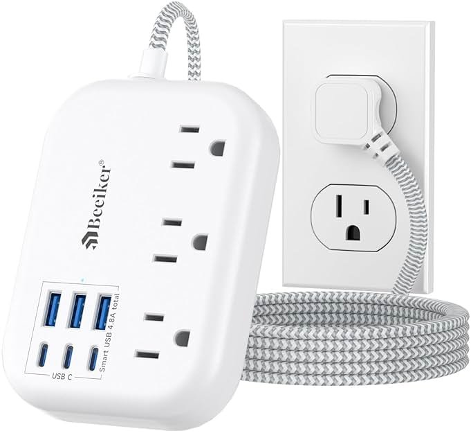 6 USB(3 USB C) Power Strip- Travel Power Strip with 6 USB Desktop Charging Station 24W/4.8A and 3 Outlets, 5Ft Flat Plug Braided Extension Cord, Non Surge Protector for Cruise Ship Travel Office Dorm - Product Image
