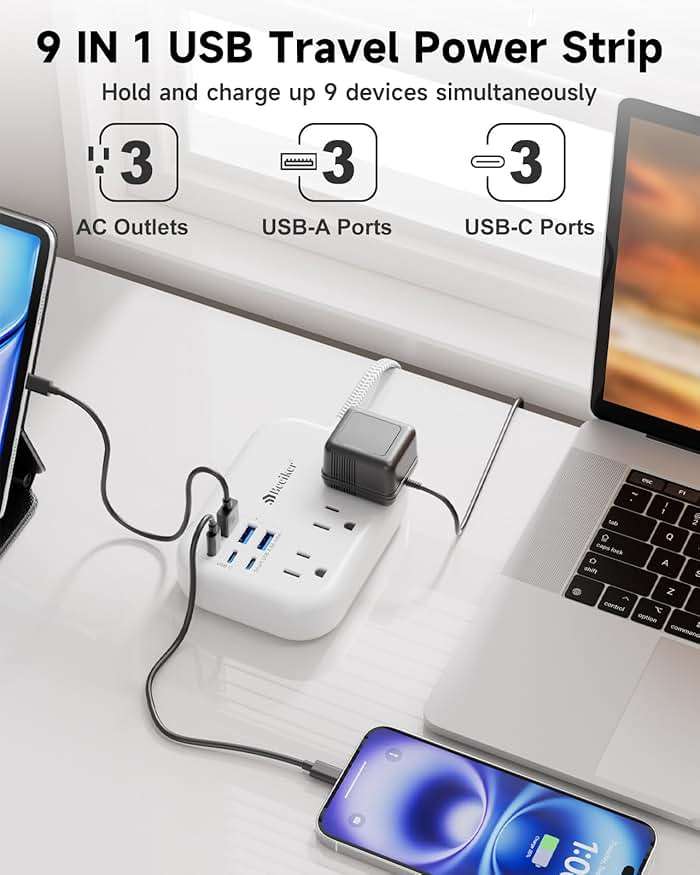 6 USB(3 USB C) Power Strip- Travel Power Strip with 6 USB Desktop Charging Station 24W/4.8A and 3 Outlets, 5Ft Flat Plug Braided Extension Cord, Non Surge Protector for Cruise Ship Travel Office Dorm - Image 3