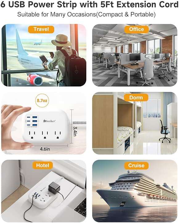 6 USB(3 USB C) Power Strip- Travel Power Strip with 6 USB Desktop Charging Station 24W/4.8A and 3 Outlets, 5Ft Flat Plug Braided Extension Cord, Non Surge Protector for Cruise Ship Travel Office Dorm - Image 8