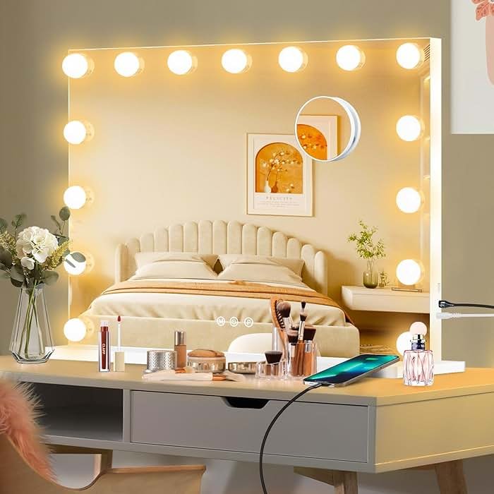 Moonee Vanity Mirror with Lights, Hollywood Lighted Makeup Mirror with 15 Dimmable Bulbs and 10X Magnification, 3 Colors Modes, Aluminum Metal Frame, Light Up Mirror for Tabletop or Wall(23" x 18") - Product Image