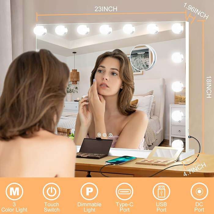 Moonee Vanity Mirror with Lights, Hollywood Lighted Makeup Mirror with 15 Dimmable Bulbs and 10X Magnification, 3 Colors Modes, Aluminum Metal Frame, Light Up Mirror for Tabletop or Wall(23" x 18") - Image 2