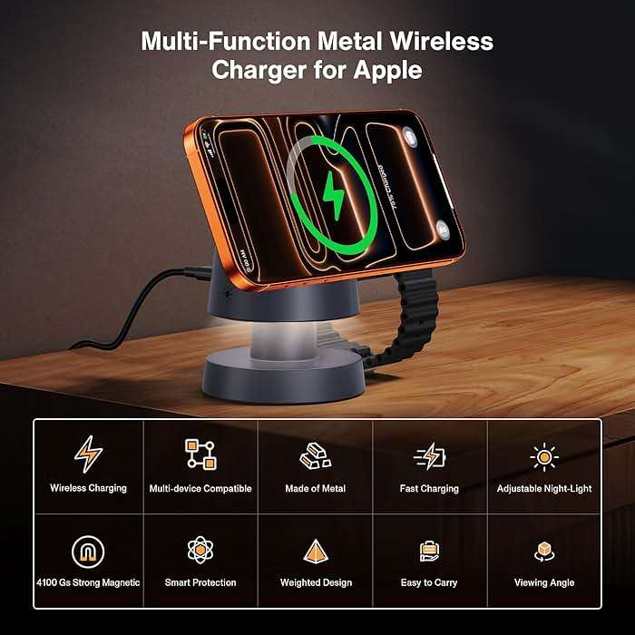 iVANKY Qi2 Certified 3 in 1 Mag-Safe Charger Stand, 15W Fast Magnetic Wireless Charging Station with Night Light for iPhone 17e 17 16 15 14 13 Pro Max, Apple Watch, AirPods 4/3/2/Pro(No AC Adapter) - Image 3