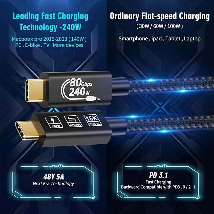 CHENLENIC USB4 Cable, with Thunderbolt 5 Cable, 240 W Charging, 80 Gbps Data, gen4,16K@60Hz 4K120Hz HDR, USB C to USB C, for Hub, Dock, M2, M3, SSD, Laptops, Monitor (TB5 80G 240W 1M) - Image 8