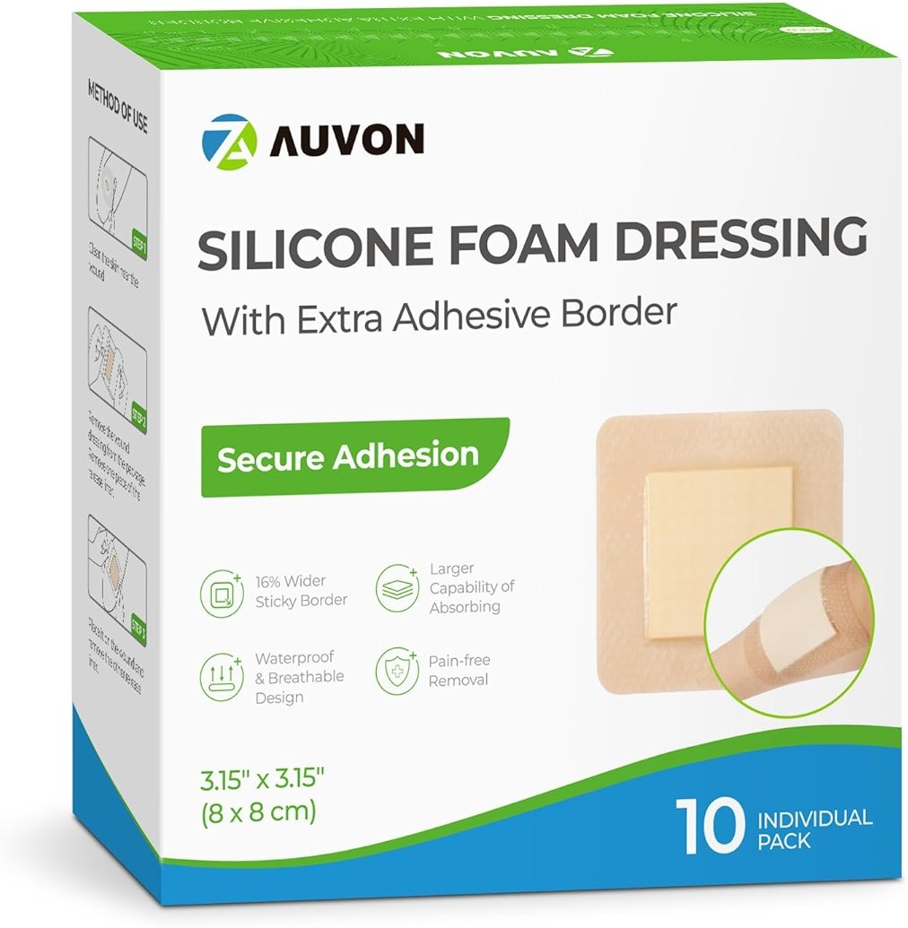 AUVON Silicone Foam Dressing with Large Adhesive Border, 3" x 3" 10 Packs Wound Dressing Bandage with High Absorbency, Waterproof Silicone Foam Pads for Wound Care & Protection Plus Cushioning - Product Image