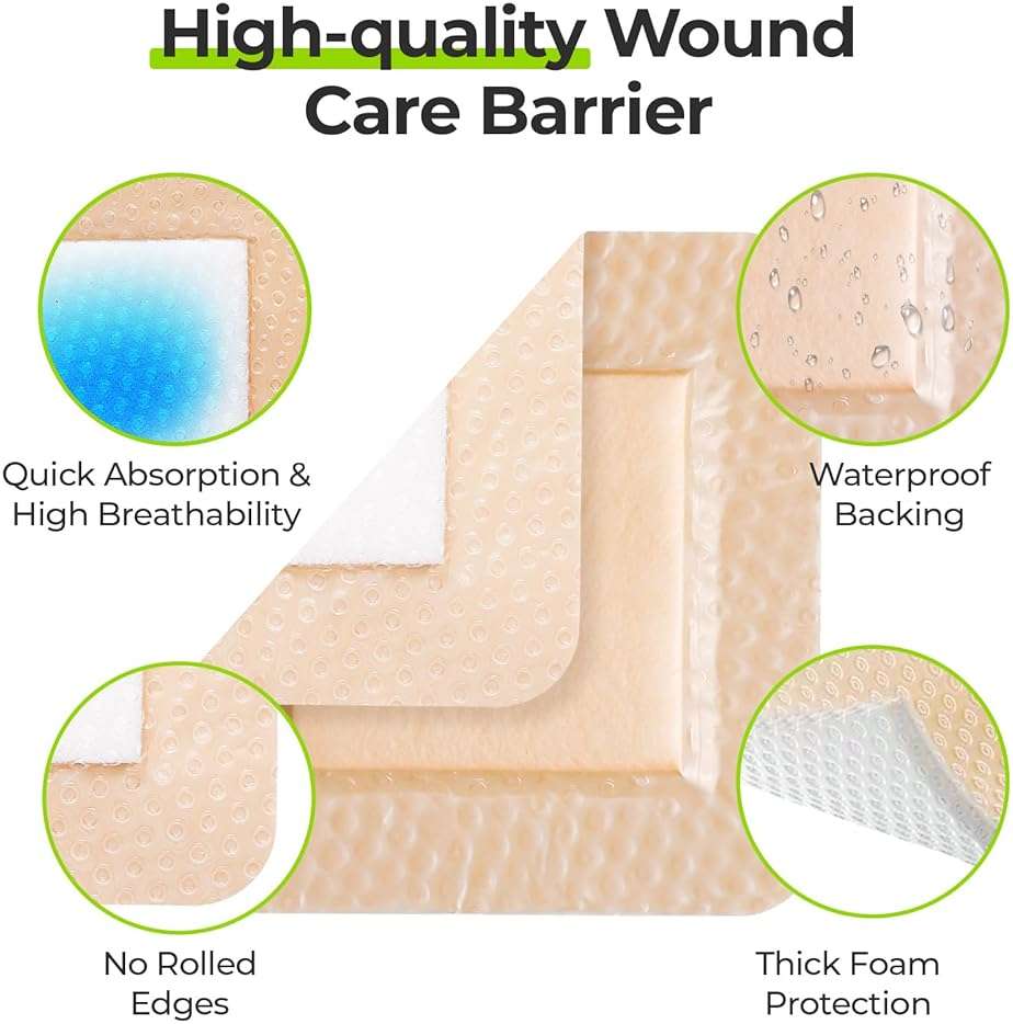 AUVON Silicone Foam Dressing with Large Adhesive Border, 3" x 3" 10 Packs Wound Dressing Bandage with High Absorbency, Waterproof Silicone Foam Pads for Wound Care & Protection Plus Cushioning - Image 2