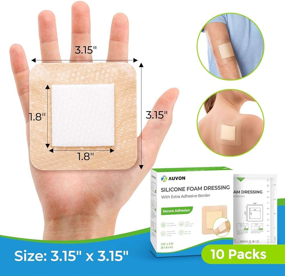 AUVON Silicone Foam Dressing with Large Adhesive Border, 3" x 3" 10 Packs Wound Dressing Bandage with High Absorbency, Waterproof Silicone Foam Pads for Wound Care & Protection Plus Cushioning - Image 5