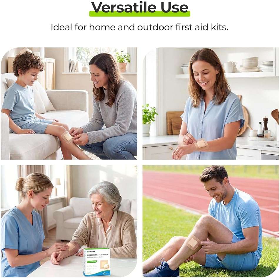 AUVON Silicone Foam Dressing with Large Adhesive Border, 3" x 3" 10 Packs Wound Dressing Bandage with High Absorbency, Waterproof Silicone Foam Pads for Wound Care & Protection Plus Cushioning - Image 9