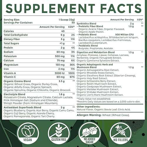 Super Greens Powder Superfood + Electrolytes & Tonic Herbs | Organic Greens, Shilajit, Adaptogens, Antioxidants, Preobiotic & Probiotic & Postbiotic| for Energy, Gut & Immune| Unflavored - 30 Servings - Image 2