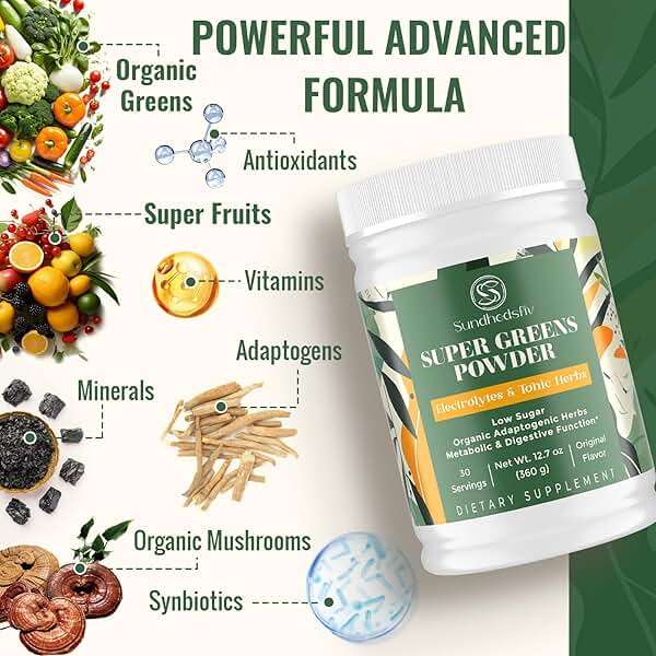 Super Greens Powder Superfood + Electrolytes & Tonic Herbs | Organic Greens, Shilajit, Adaptogens, Antioxidants, Preobiotic & Probiotic & Postbiotic| for Energy, Gut & Immune| Unflavored - 30 Servings - Image 3