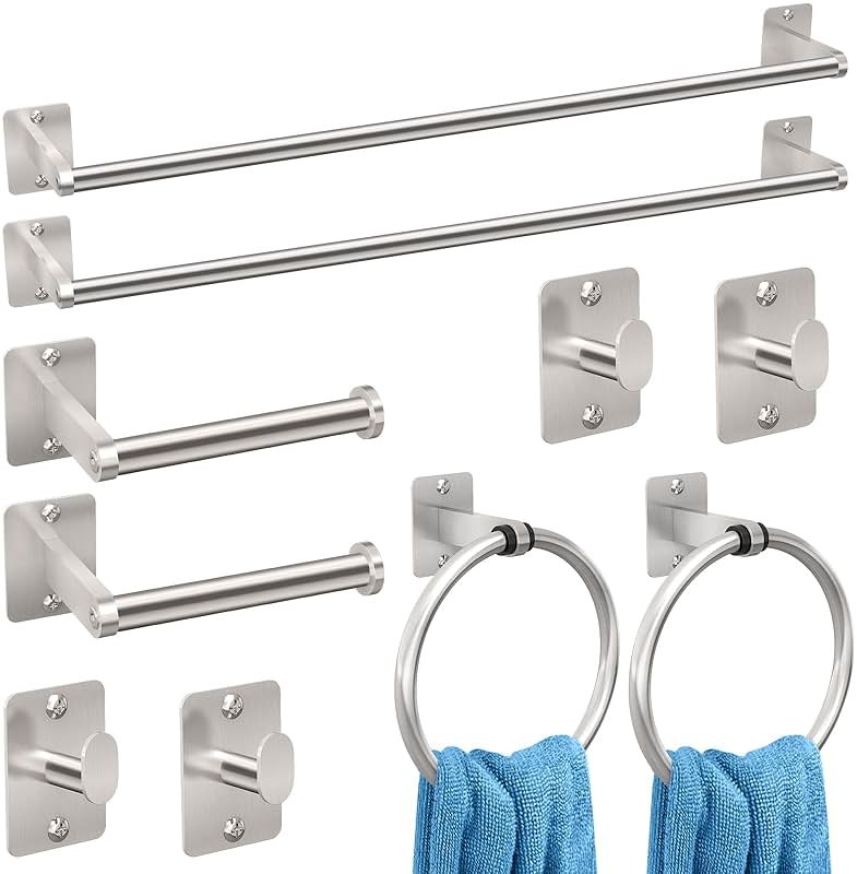 KLJKPA Brushed Nickel Bathroom Accessories Set, 10 Pieces Bathroom Hardware Set, 24 inch Towel Bar, Towel Racks for Bathroom, Robe Towel Hooks, Toilet Paper Holder Wall Mounted - Product Image