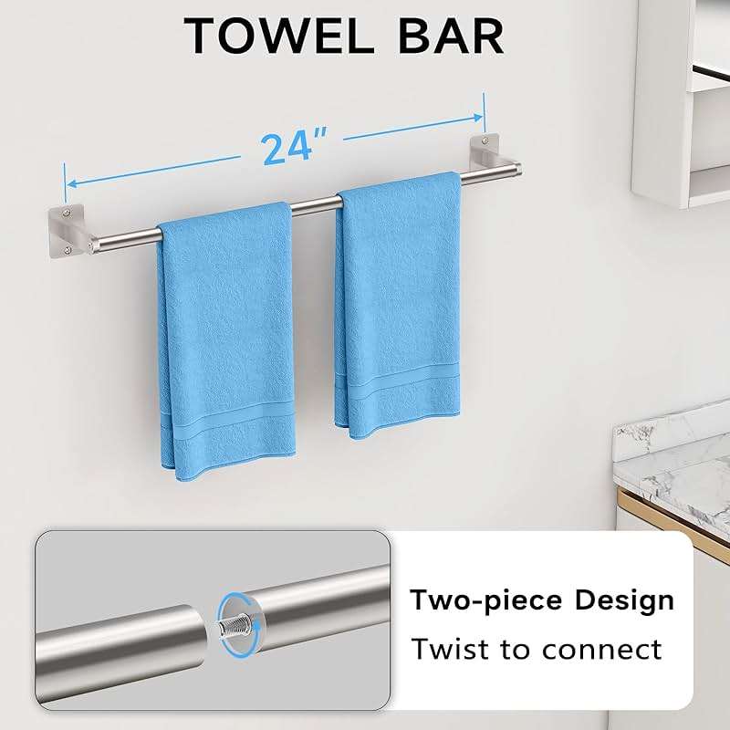 KLJKPA Brushed Nickel Bathroom Accessories Set, 10 Pieces Bathroom Hardware Set, 24 inch Towel Bar, Towel Racks for Bathroom, Robe Towel Hooks, Toilet Paper Holder Wall Mounted - Image 3