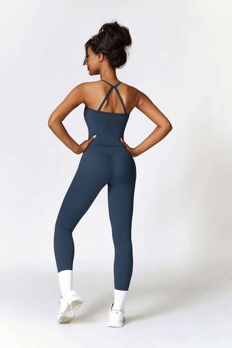 QBGJTD Womens Workout Sets Two Piece Cross Back Tank Top Matching High Waist Leggings Sets Gym Outfits Work Out Clothes - Image 2